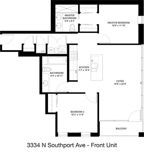 Floor plan for 2 beds, 1 bath, 1028 sqft